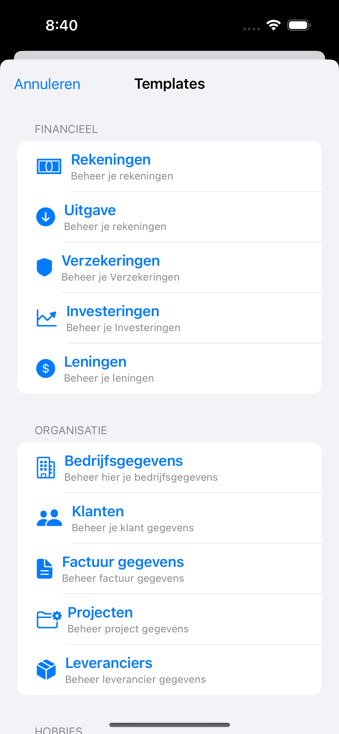 Database instellingen scherm